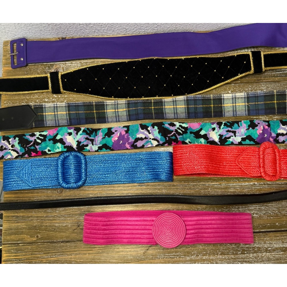 Vintage Womens Belt Lot 8pc Velvet Plaid Woven Straw Elastic Retro 80s 90s Style